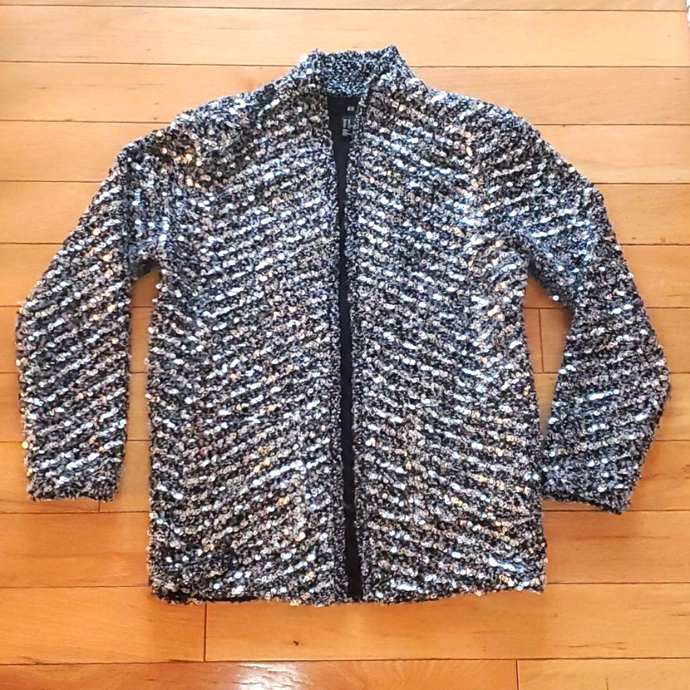 H&M black/ gray tweed sequin metallic cardigan sweater XS